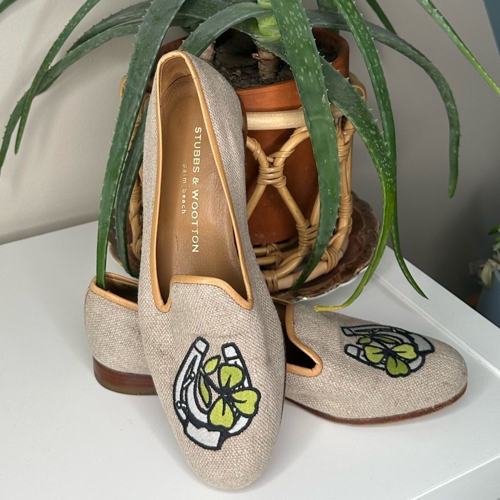 Stubbs & Wootton Lucky Clover Loafers Embroidered Linen Smoking Slippers 7.5